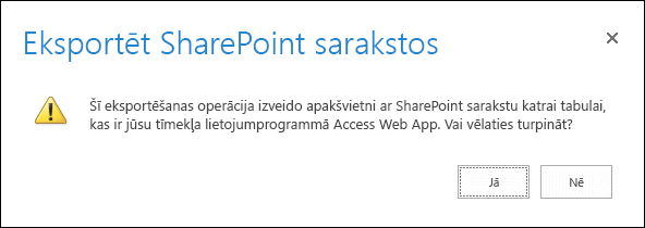 Ekrānuzņēmums ar apstiprinājuma dialoglodziņu. Noklikšķinot uz Jā, tiek eksportēti dati uz SharePoint sarakstiem, bet, noklikšķinot uz Nē, eksportēšana tiek atcelta.