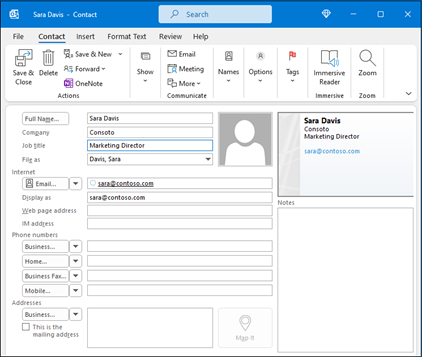 Outlook jauna kontaktpersona