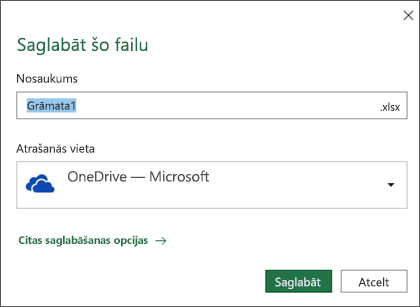 Pakalpojuma Office 365 programmas Microsoft Excel dialogs Saglabāšana