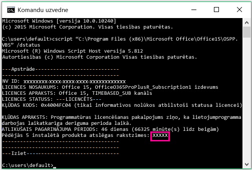 Komandu uzvedne, kurā redzami produkta atslēgas pēdējie pieci cipari