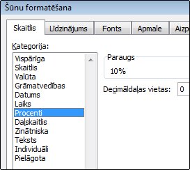 Dialoglodziņa Šūnu formatēšana kategorija Procenti