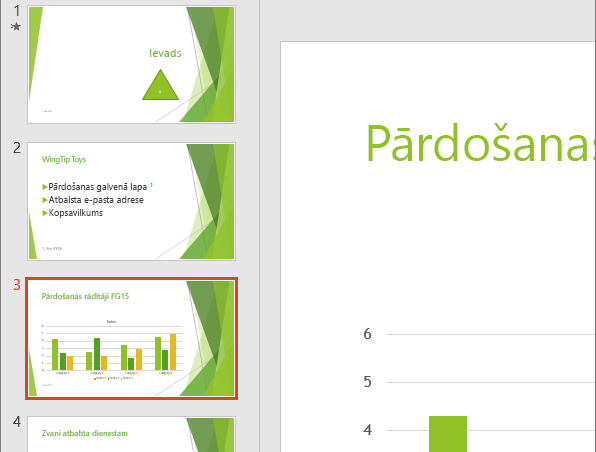 Parāda slaida rūti ar atlasītu trešo slaidu programmā PowerPoint