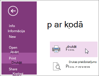 Varat drukāt OneNote lapas, izmantojot izvēlni Drukāšana