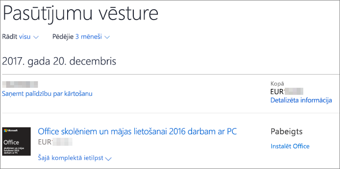 Tiek rādīta Microsoft Store pasūtījumu vēstures lapa