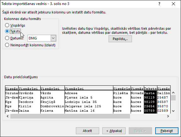 Teksta importēšanas vednī ir iezīmēta kolonnu datu formāta opcija Teksts.