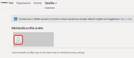 Pakalpojuma Teams cilnē LinkedIn ar sarkanu rūtiņu tiek iezīmēts atbilstošs LinkedIn profils.