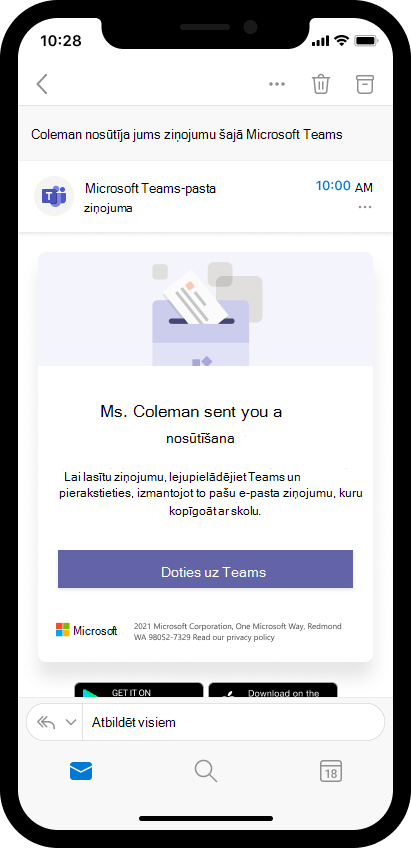 Ekrānuzņēmums, kurā redzams e-pasta ziņojums mobilajā ierīcē, kurā vecāks tiek aicināts atvērt pedagoga ziņojumu Teams. 