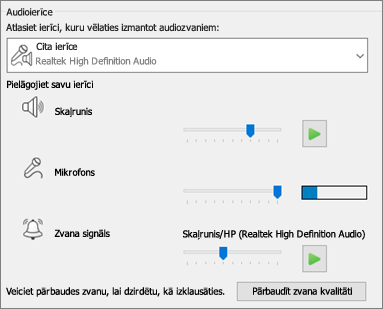 Pielāgoti audioierīces iestatījumi — skaļrunis, mikrofons, zvanītājs