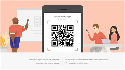 Ekrānuzņēmums, kurā redzams PowerPoint tiešraide prezentācijas, kurā tiek rādīts QR kods un pievienots vietrādis URL.