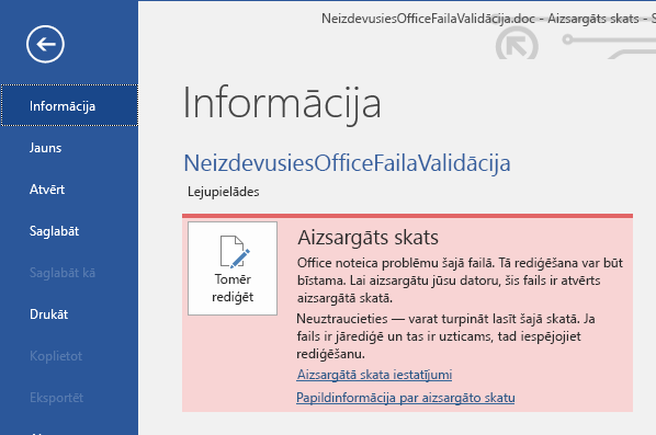Aizsargātā skata Office failu validācijas kļūme Backstage