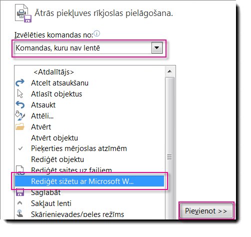 Pogas Sižeta rediģēšana ar Microsoft Word pievienošana Publisher ātrās piekļuves rīkjoslai.