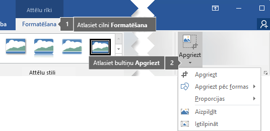 Kontekstcilnes Attēlu rīki cilnes Formatēšana poga Apgriezt