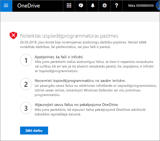 OneDrive tīmekļa vietnes ekrāna Konstatētā izspiedējprogrammatūras zīmes ekrānuzņēmums