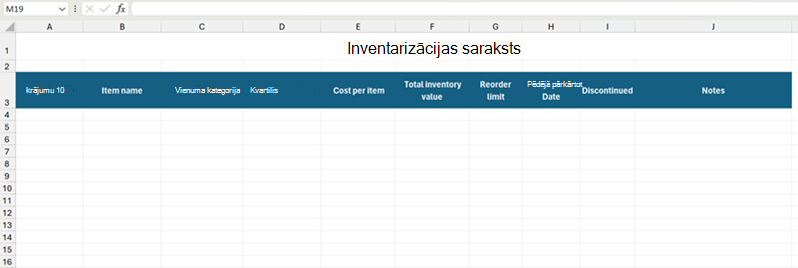 Sample Inventory List column headers in Excel