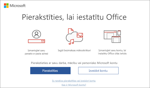 Rāda lapu Pierakstīties, lai iestatītu Office, kas varētu tikt rādīta pēc Office instalēšanas