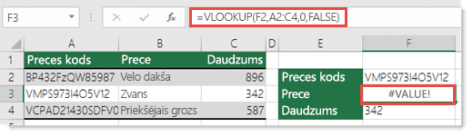 #VALUE! kļūda tiek parādīta, ja kol_indeksa_arguments ir mazāks par 1