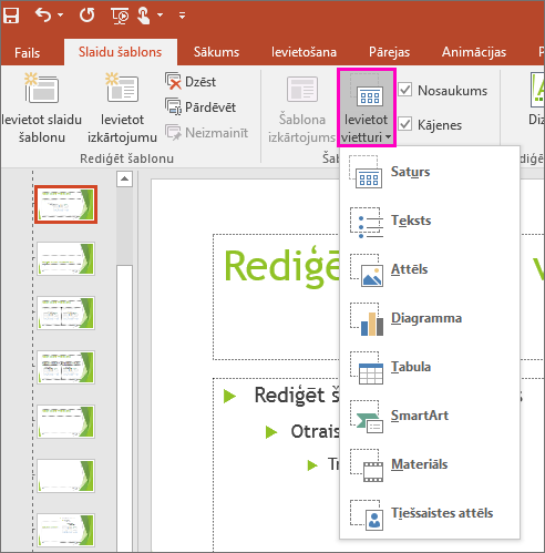 Tiek rādīta poga Ievietot vietturi slaidu šablona skatā programmā PowerPoint