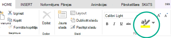 Teksta marķiera poga atrodas PowerPoint Online lentes cilnē Sākums