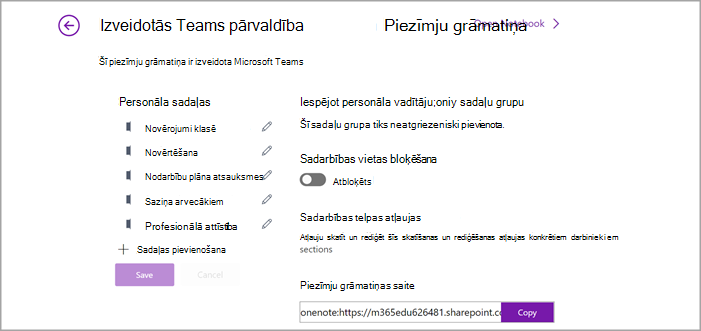 Ekrānuzņēmums ar personāla piezīmju grāmatiņas iestatījumu pārvaldības lapu programmā OneNote.