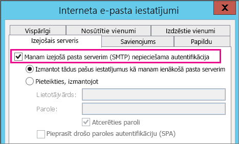 Izvēlieties manam izejošajam serverim nepieciešama autentifikācija.