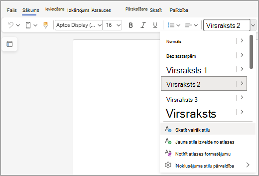 Parāda sarakstu Stili Word tīmeklim, kur saraksta apakšā ir iezīmēts "Skatīt vairāk stilu".