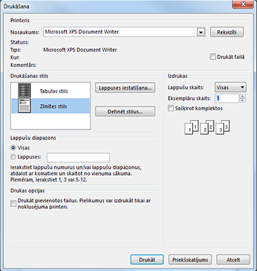 Outlook drukāšanas dialoglodziņa printera opcijas