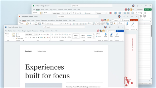 Programmā Word, Excel un PowerPoint tiek rādīti ar vizuāliem atjauninājumiem lentē un noapaļotiem stūriem, lai tie Windows 11 lietotāja interfeisu.