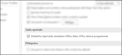 The Options > Advanced dialog box showing the setting to enable or disable opening links in the desktop applications.