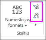 decimāldaļu skaita palielināšana vai samazināšana skaitļu formatējumā