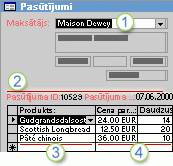 Pasūtījumu forma, kurā parādīta saistīta informācija no piecām tabulām uzreiz