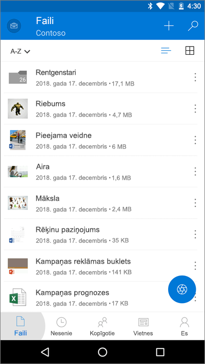 OneDrive mobilās lietojumprogrammas ar izceltu pogu Faili ekrānuzņēmums