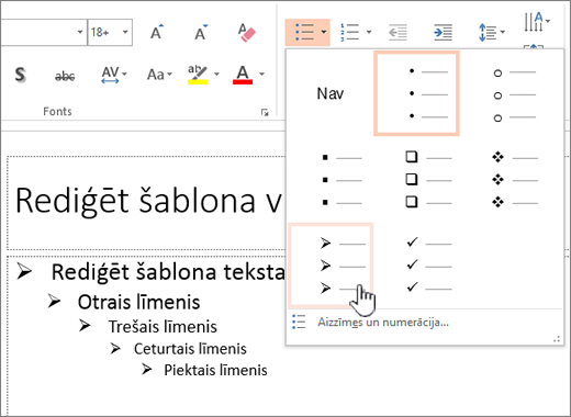 Noklusējuma aizzīmes iestatīšana visiem līmeņiem