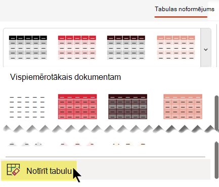 Tabulas stila noņemšana, izmantojot komandu Notīrīt tabulu.