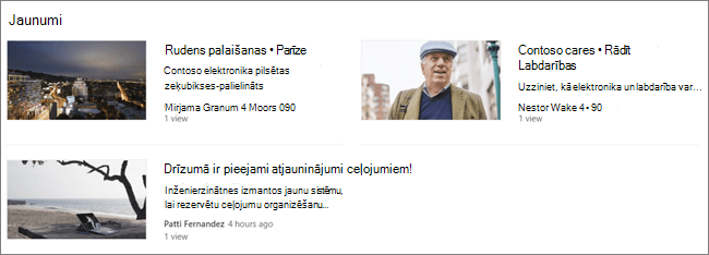 Jaunumu vietnes tīmekļa daļas ekrāna SharePoint, kur ziņas ir filtrētas