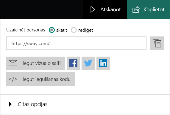 Sway izvēlne no jūsu Microsoft konta