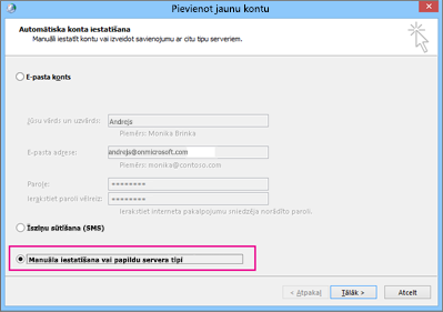 Izvēlieties manuāla servera iestatījumu vai papildu pakalpojumu veidu konfigurēšana.