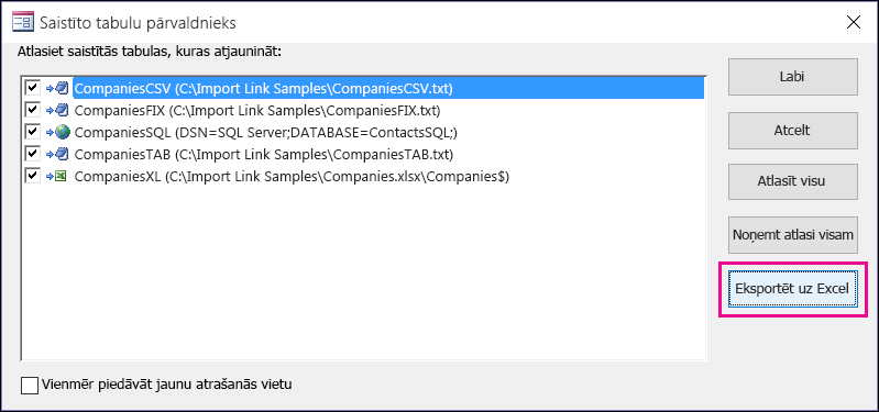 Saistīto tabulu pārvaldnieka dialoglodziņš programmā Access ar atlasītu pogu Eksportēt uz Excel.