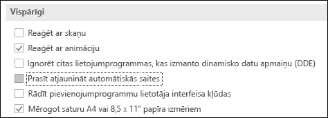 Attēls, kurā redzama opcija Vaicāt par automātisko saišu atjaunināšanu