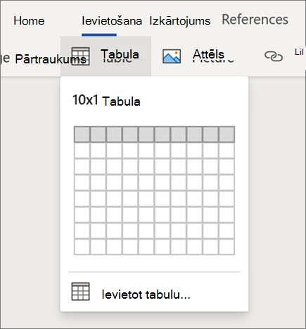 Tabulu ievietošana programmā Word tīmeklī