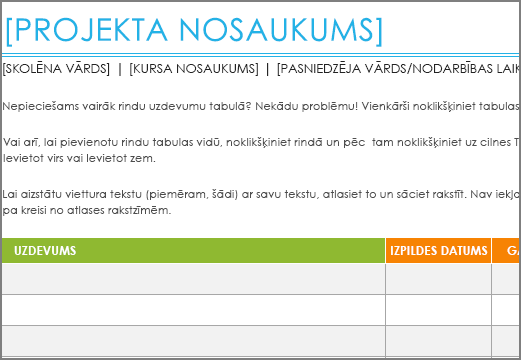 Veca projekta uzdevumu saraksta veidne ar minimālo fonta lielumu 8,5 punkti.