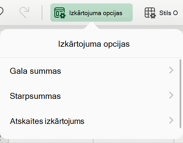 Rakurstabulas izkārtojuma nolaižamā izvēlne ierīcē iPad.