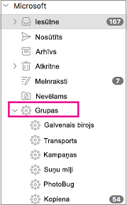 Outlook 2016 for Mac mapju rūtī uzskaitītās grupas