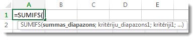 Formulas automātiskās pabeigšanas izmantošana, lai ievadītu funkciju SUMIFS