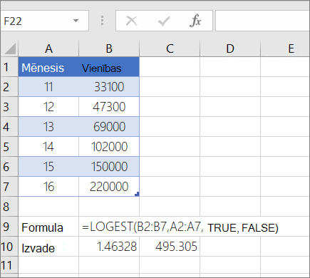 Funkcija LOGEST, 1. piemērs