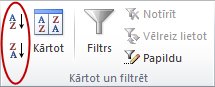Kārtošanas pogas cilnes Dati grupā Kārtot un filtrēt programmā Excel