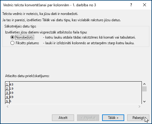 Attēls, kurā redzams dialoglodziņš Dati > Teksts par kolonnām