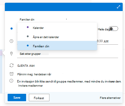 Dialogboksen Ny hendelse med kalenderlisten åpen og Din familie valgt.