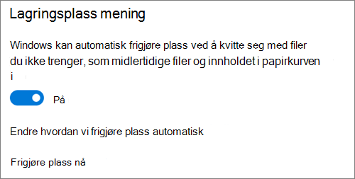 Windows 10 Lagringsplass veksle for å aktivere lagringssensor