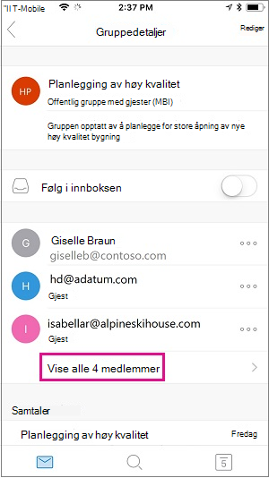 Velg koblingen Vis alle medlemmer for å se gruppe medlemmer