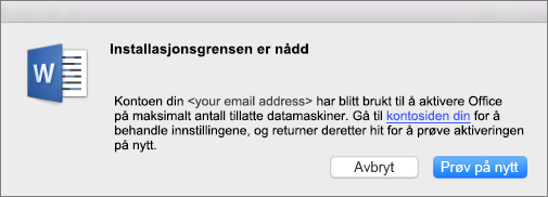 Feilmeldingen Installasjonsgrensen er nådd